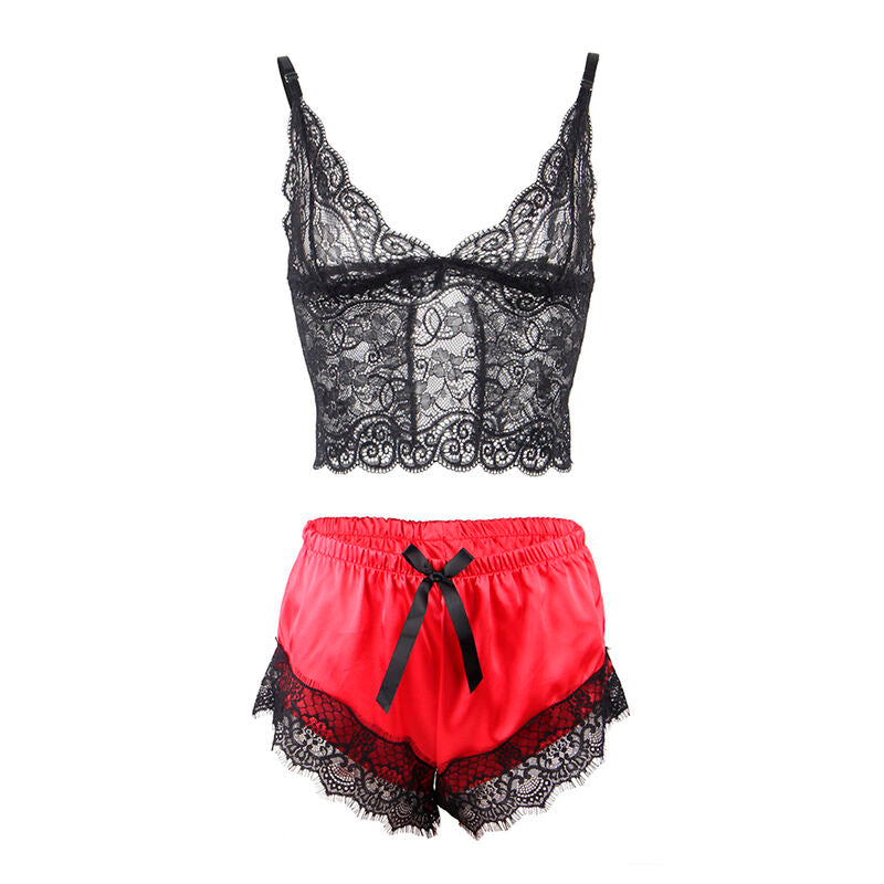 SUBBLIME – Lässiges Seiden-Nachthemd + Spitzenhose Schwarz/Rot L/XL