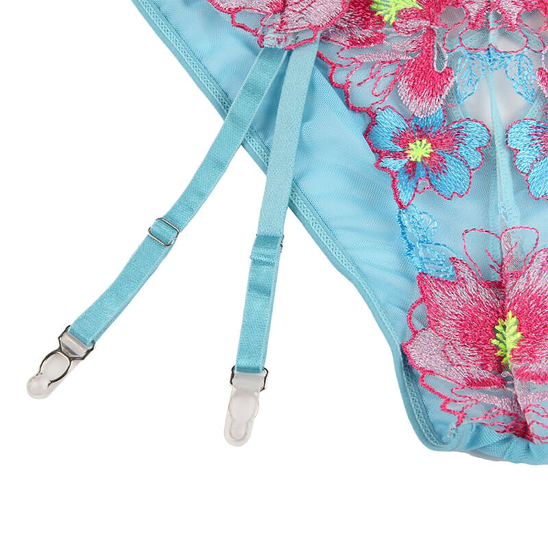 SUBBLIME – BH + Höschen mit Strumpfgürtel Blumendesign Blau S/M