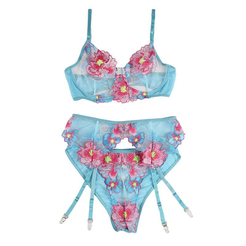 SUBBLIME – BH + Höschen mit Strumpfgürtel Blumendesign Blau S/M