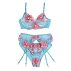 SUBBLIME – BH + Höschen mit Strumpfgürtel Blumendesign Blau S/M