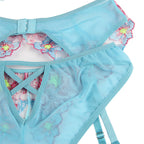 SUBBLIME – BH + Höschen mit Strumpfgürtel Blumendesign Blau S/M