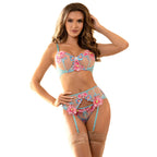 SUBBLIME – BH + Höschen mit Strumpfgürtel Blumendesign Blau L/XL