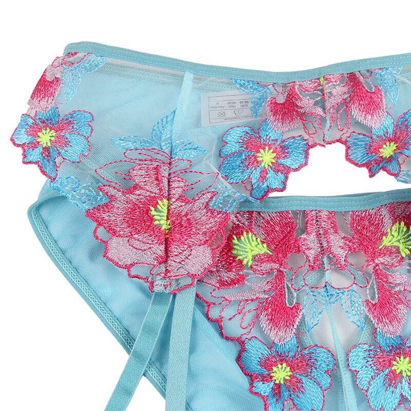 SUBBLIME – BH + Höschen mit Strumpfgürtel Blumendesign Blau L/XL