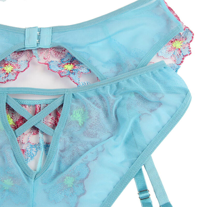 SUBBLIME – BH + Höschen mit Strumpfgürtel Blumendesign Blau L/XL