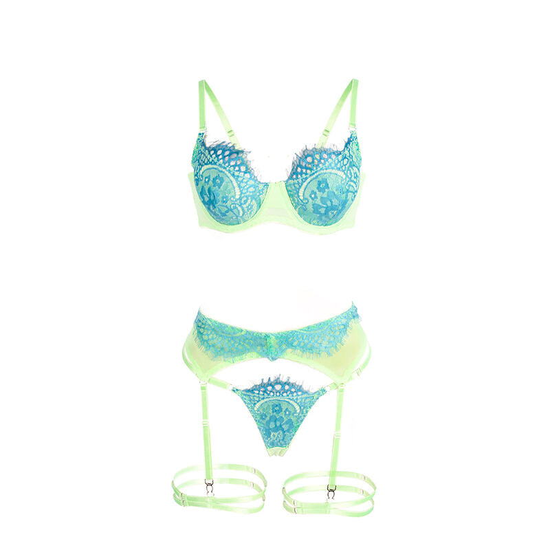 SUBBLIME – 955311 BH-Set mit Spitze und Strumpfband Grün und Blau S/M