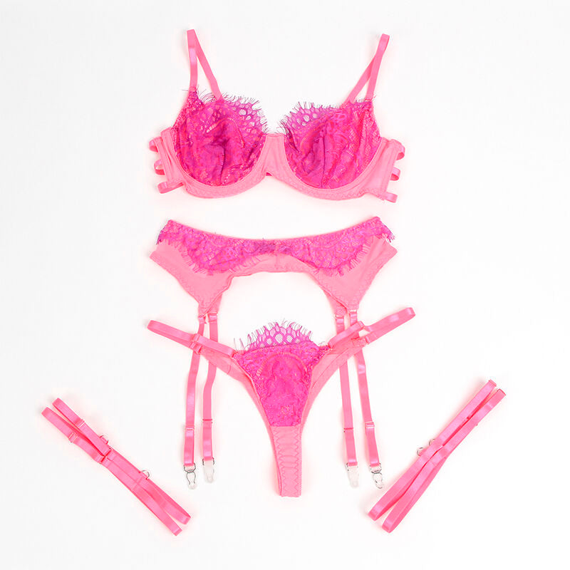 SUBBLIME – 955359 BH-Set mit Spitze und Strumpfbändern Rosa und Lila S/M