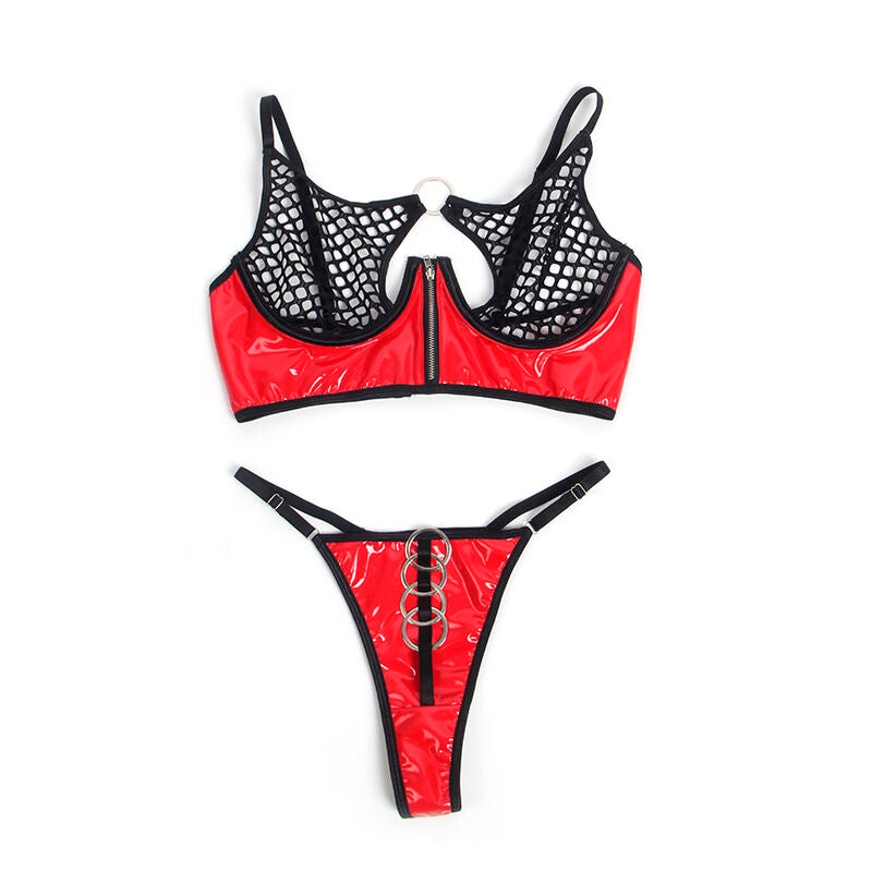 SUBBLIME – Rotes Lackleder-Netz-Zipper-BH-Set L/XL