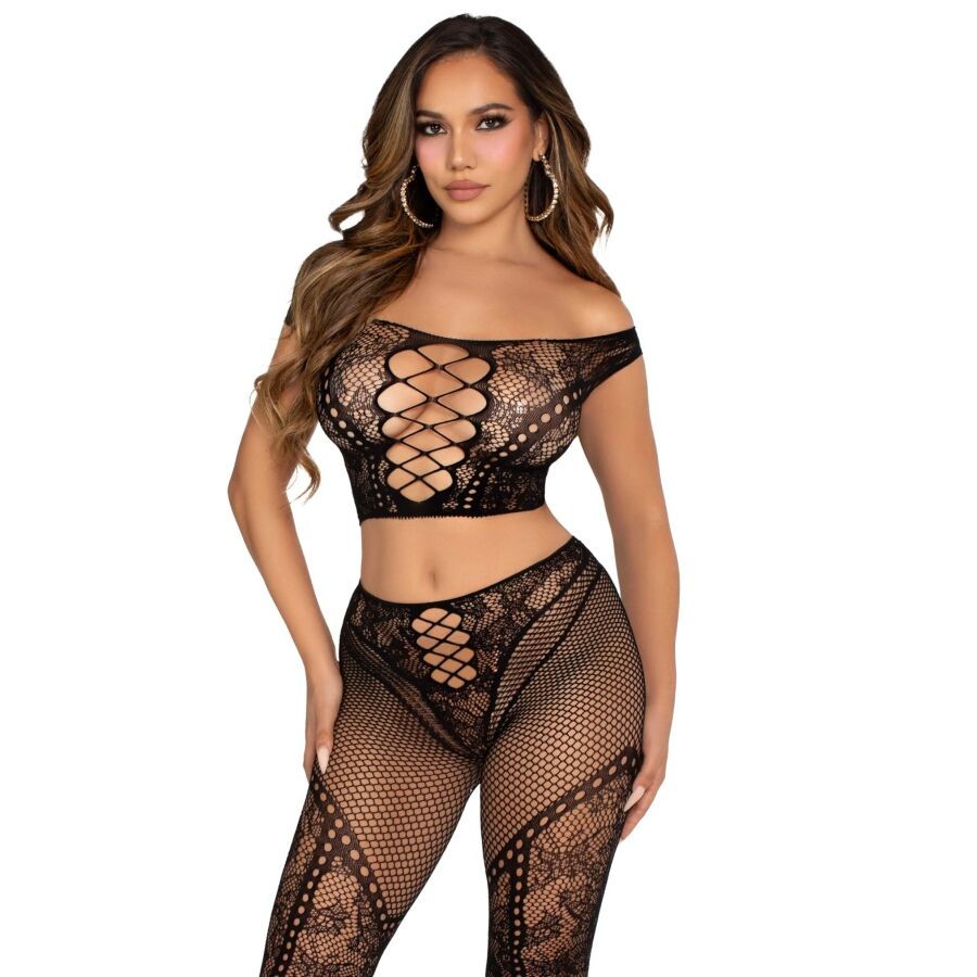LEG AVENUE – Crop Top Und Netzlegging Mit Freien Schultern Schwarz