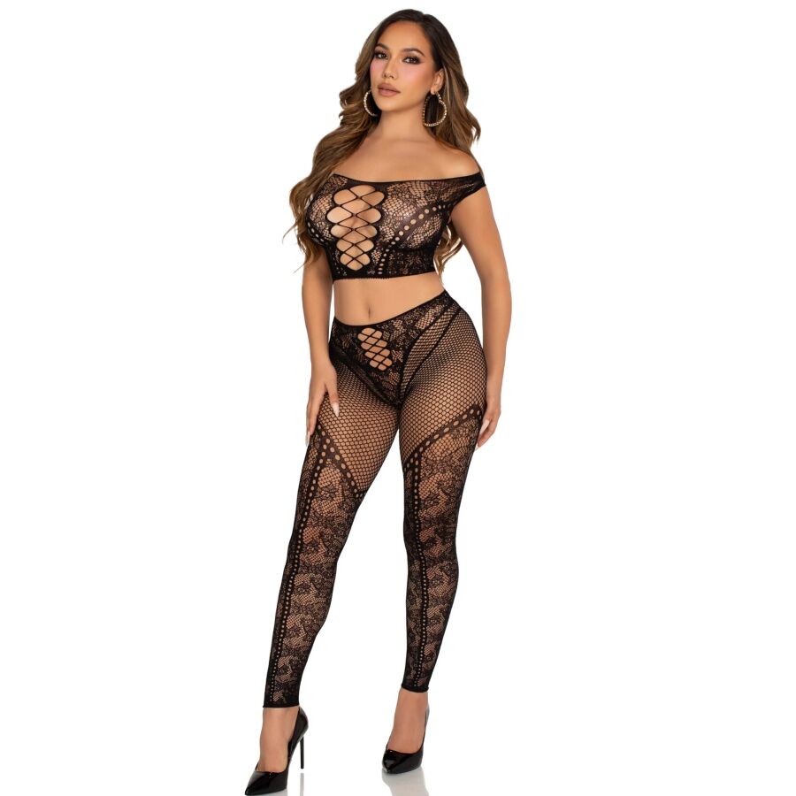 LEG AVENUE – Crop Top Und Netzlegging Mit Freien Schultern Schwarz