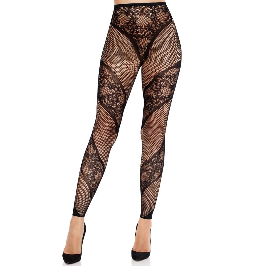 LEG AVENUE – Fußlose Strumpfhose aus Spitze und transparentem Material, Schwarz