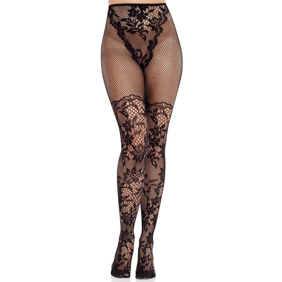 LEG AVENUE – Dahlia Spitzenstrümpfe mit Netzdetails, Schwarz