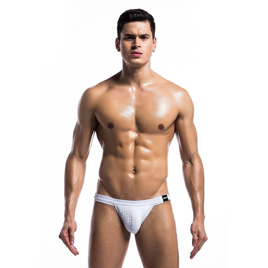 MOB – Weisser Fetisch-Jockstrap-Badeanzug, Grösse L