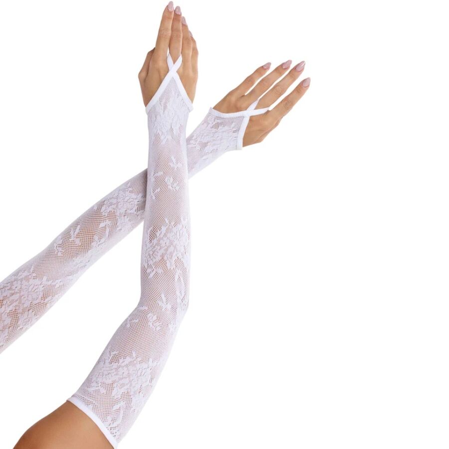LEG AVENUE – Extra Lange Armwärmerhandschuhe Mit Blumenspitze, Weiss