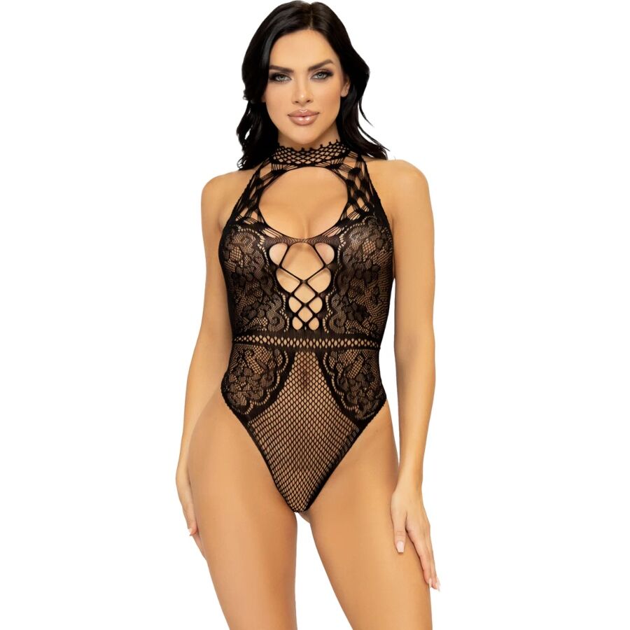 LEG AVENUE – Netz- Und Spitzen-Schlüsselloch-Halter-Bodys, Einheitsgrösse