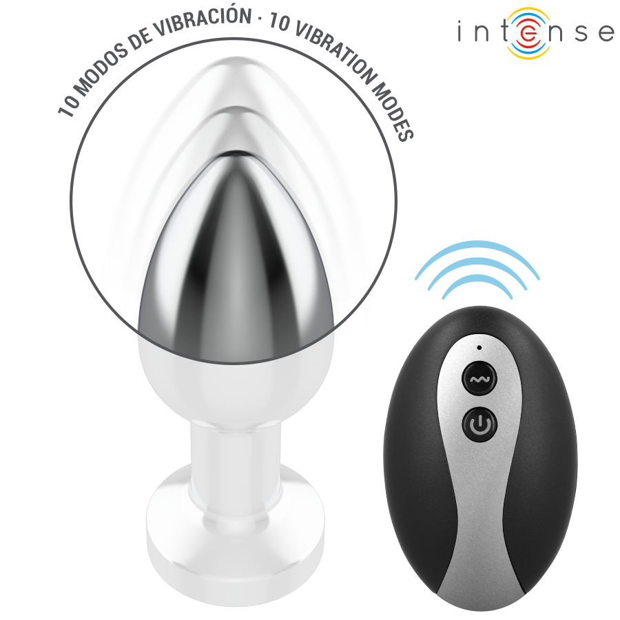 INTENSE - VIBRIERENDER ANALPLUG AUS METALL MIT LED-LEUCHTEN UND FERNBEDIENUNG - GRÖSSE S
