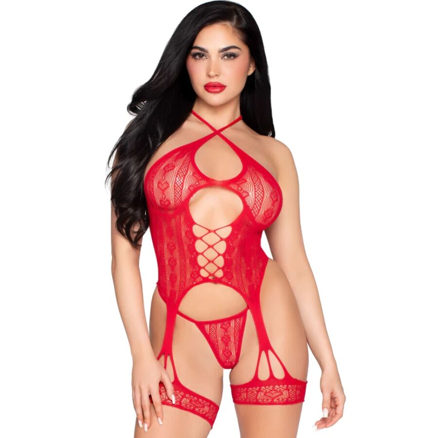 LEG AVENUE – 89338 OFFENER SPITZEN-Bodysuit MIT STRUMPFGÜRTEL + STRING ROT - EINE GRÖSSE