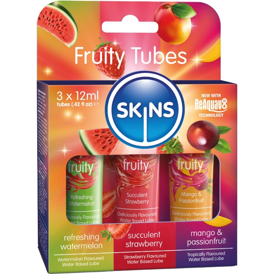 SKINS – Fruity Gleitmittel-Set mit Wassermelone, Erdbeere und Mango, 3 x 12 ml