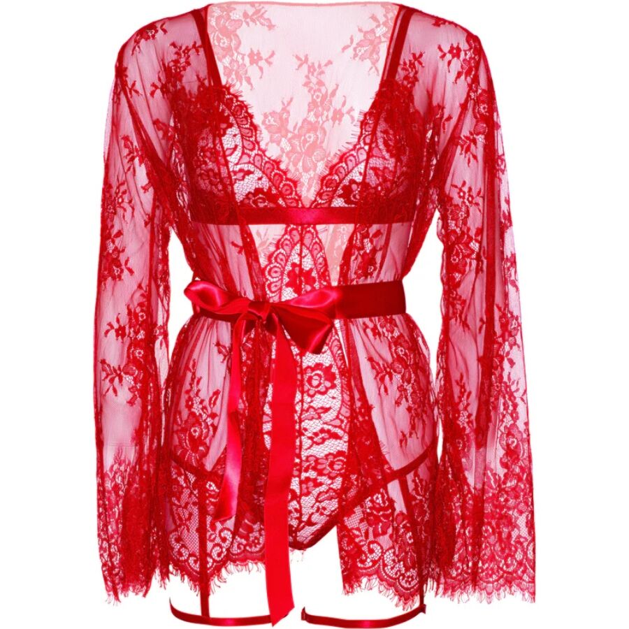 LEG AVENUE – 86123 Teddy- Und Strumpfband-Bademantel-Set, Rot, Grösse S