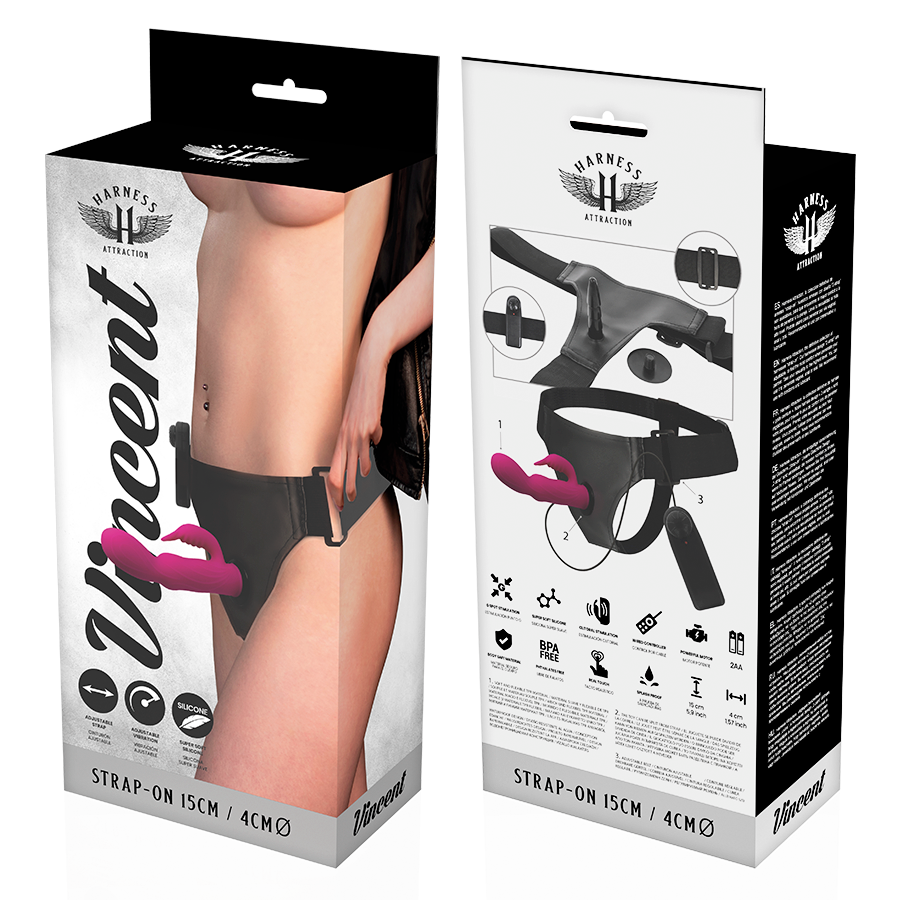HARNESS ATTRACTION - Vincent Strap-on-Geschirr mit Rabbit-Vibrator, 15 cm, Ø 4 cm