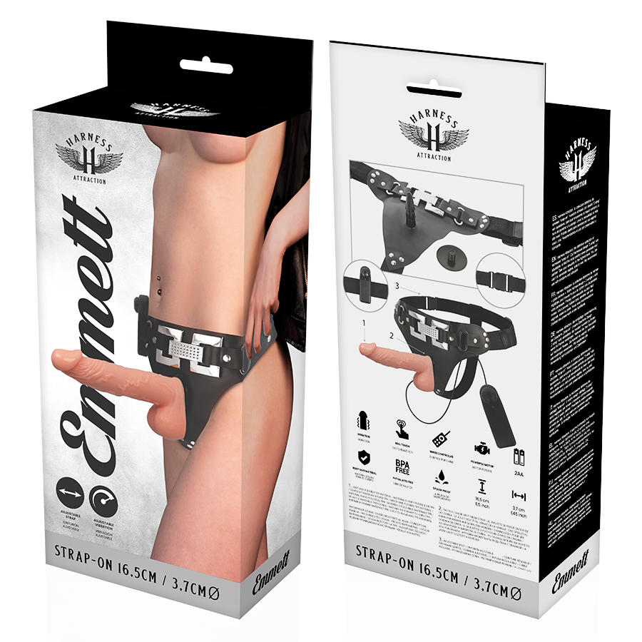 HARNESS ATTRACTION - Emmett Strap-on-Geschirr mit realistischem Vibrator, 16,5 cm, Ø 3,7 cm