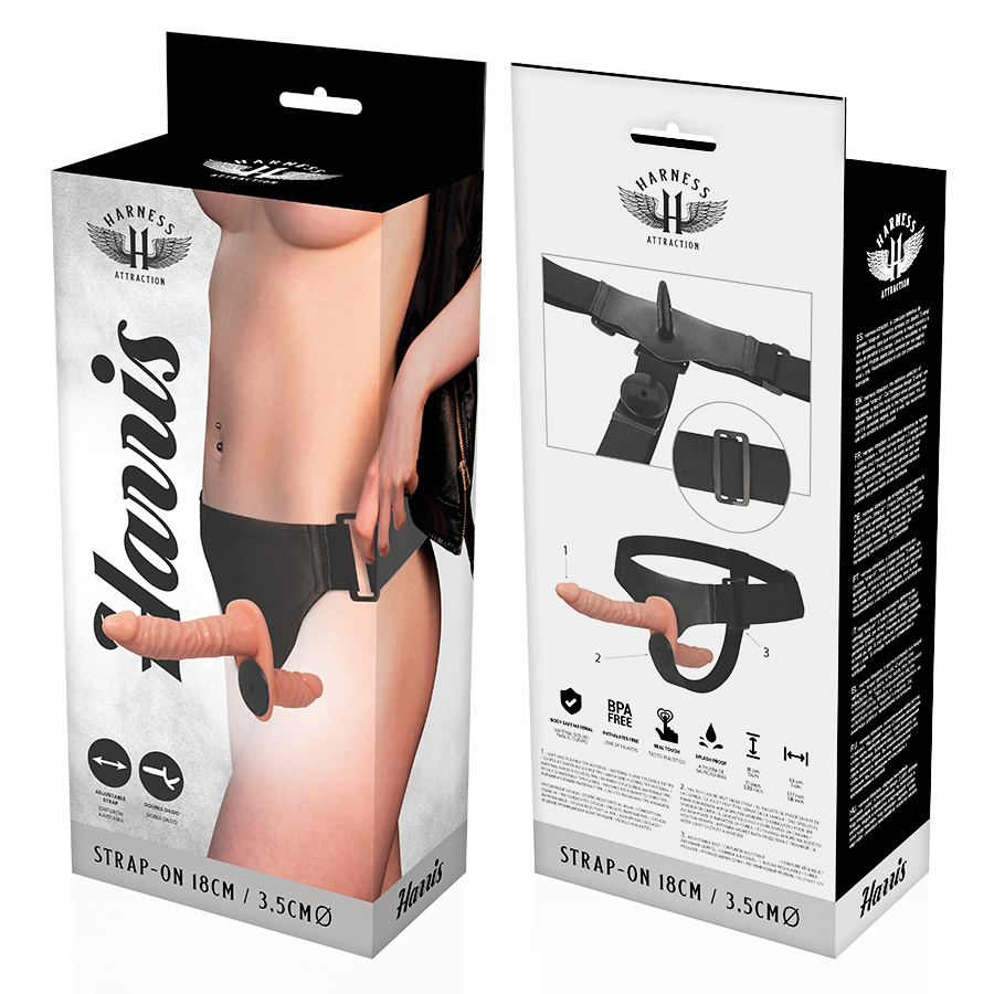 HARNESS ATTRACTION - Harris Doppelpenetrations-Strap-on mit Vibration, 18 cm, Ø 3,5 cm