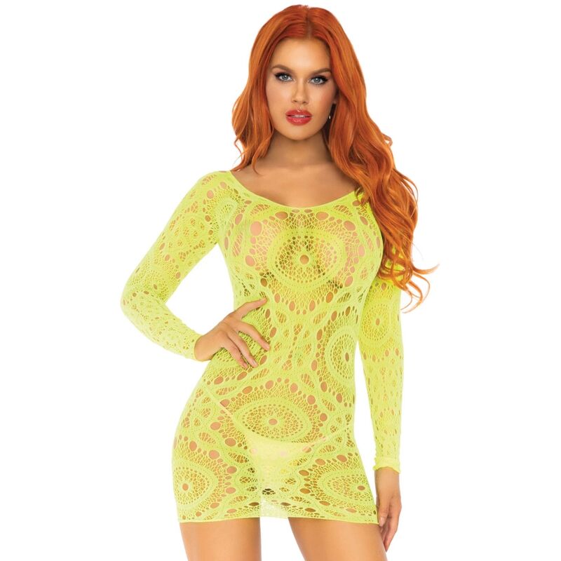 LEG AVENUE – Crochet Lace Langarm-Minikleid Neon One Size (Einheitsgröße)